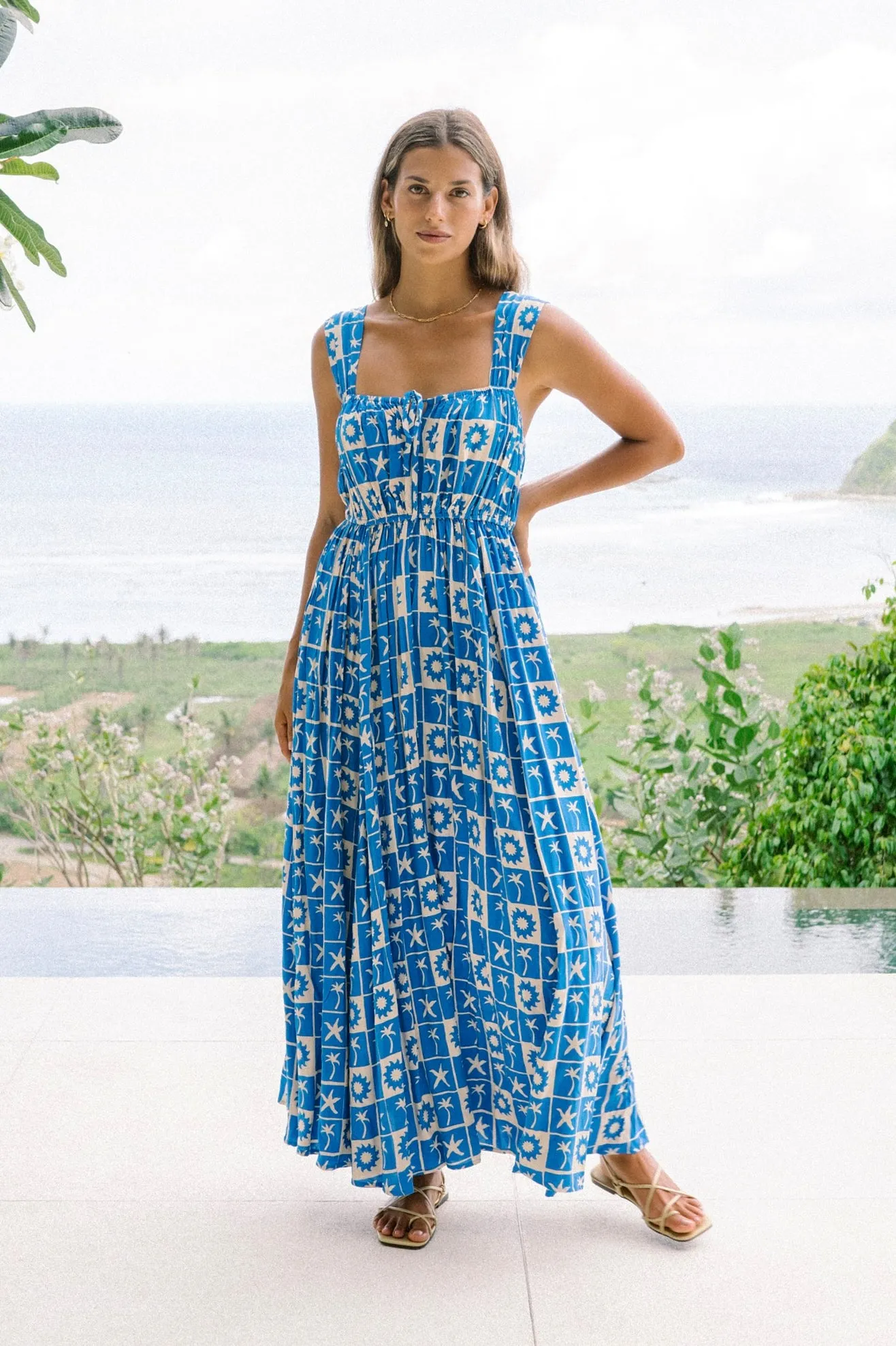 Oliana Blue Tropical Tile Flared Maxi Dress