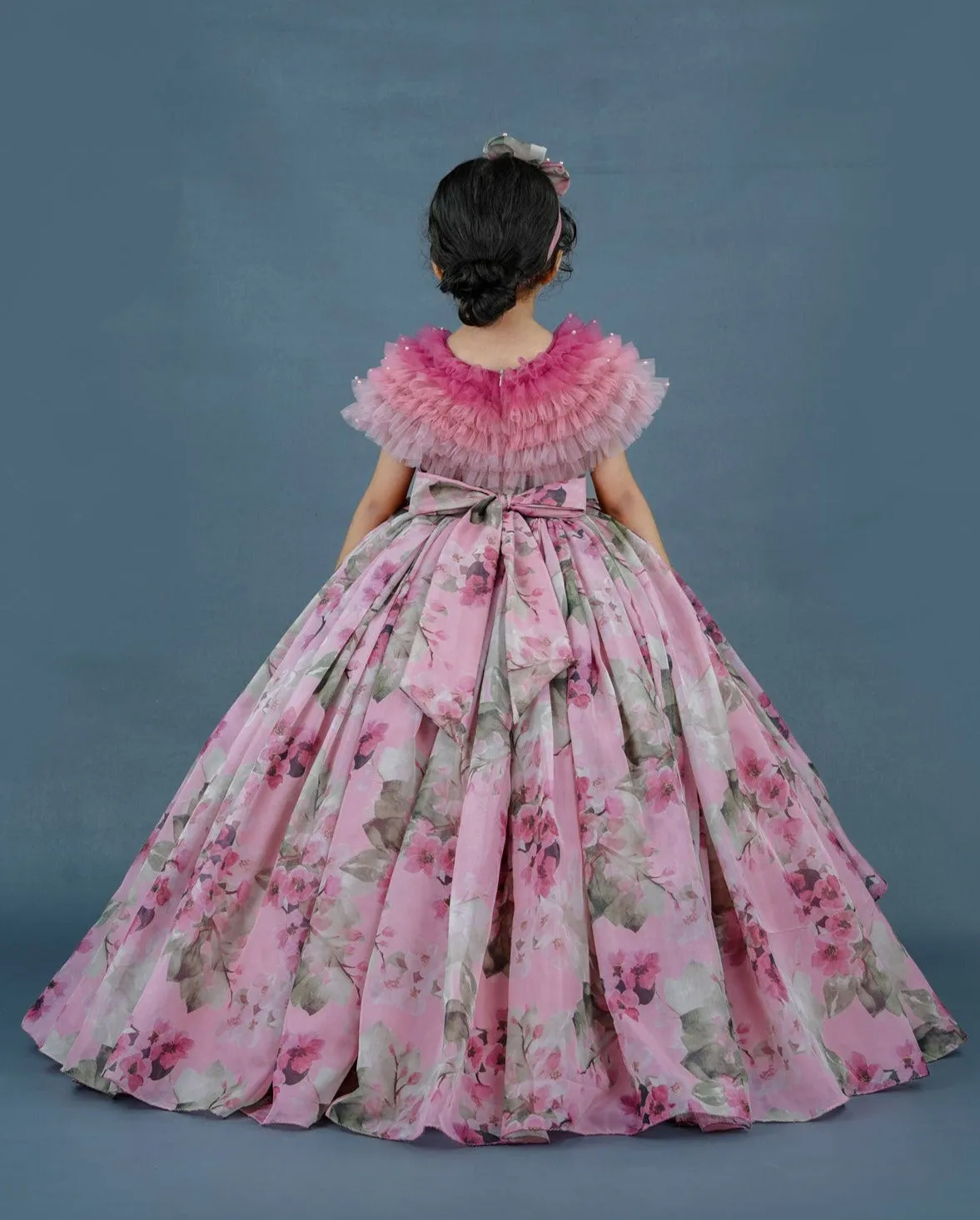 Onion Pink Floral Printed High- Low Designer Gown  With Frilled Cape Design