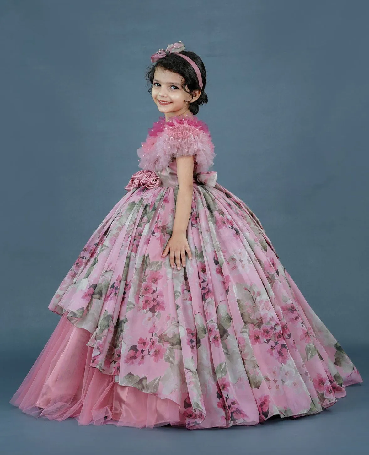 Onion Pink Floral Printed High- Low Designer Gown  With Frilled Cape Design