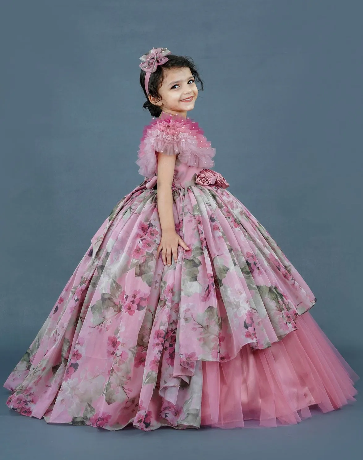 Onion Pink Floral Printed High- Low Designer Gown  With Frilled Cape Design