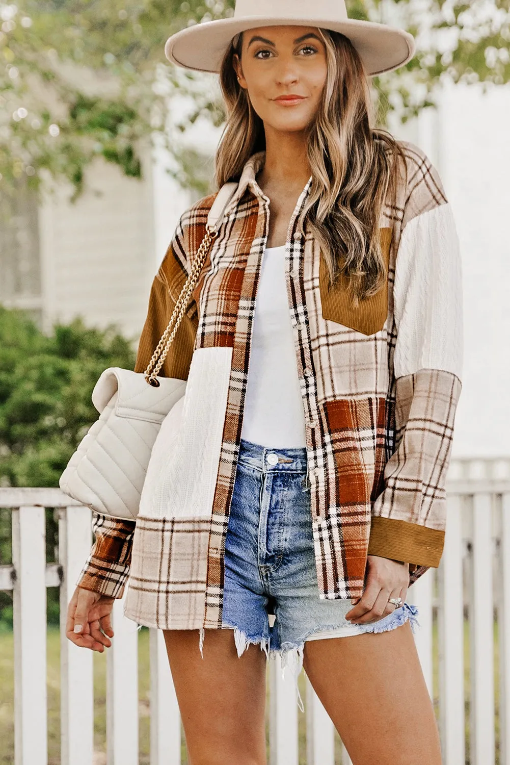 Orange Plaid Color Block Patchwork Shirt Jacket with Pocket