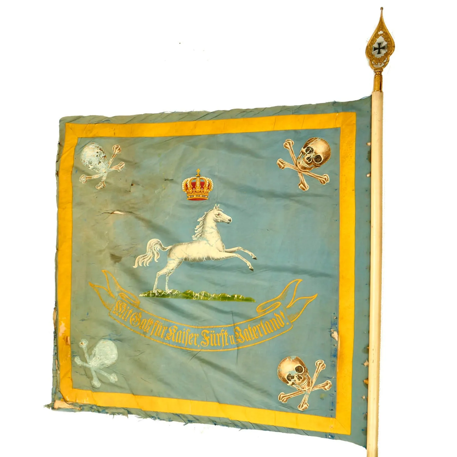 Original Imperial German WWI Regimental Standard Flag For The State of Brunswick With Flagpole and Topper With Inlaid Prussian Iron Cross - 45” x 45” / Flagpole 107 1/2”