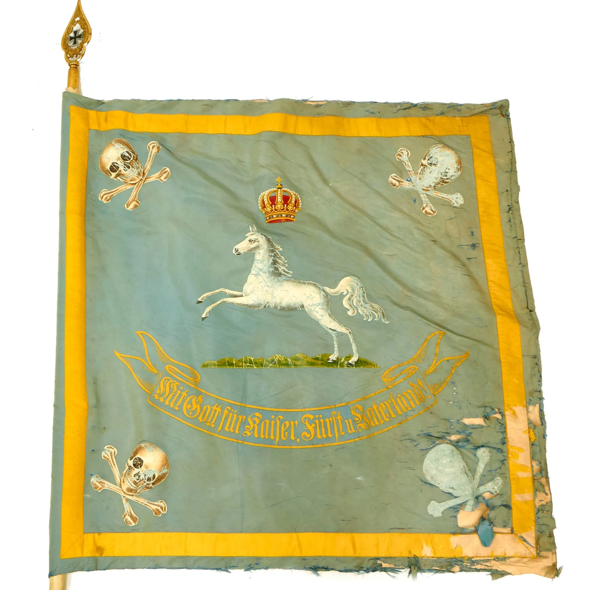 Original Imperial German WWI Regimental Standard Flag For The State of Brunswick With Flagpole and Topper With Inlaid Prussian Iron Cross - 45” x 45” / Flagpole 107 1/2”