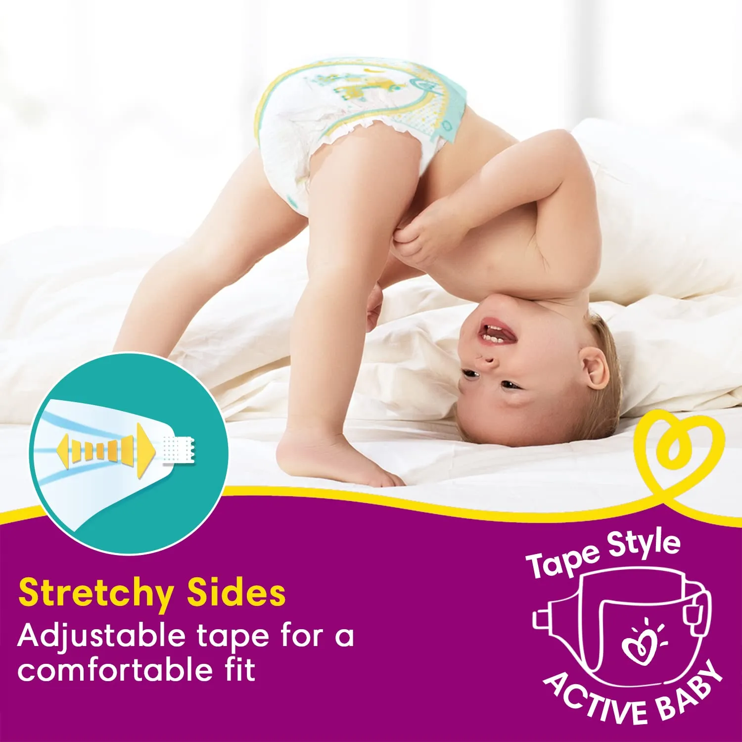 Pampers Active Baby Tape Style Diapers, Medium (M) Size, 62 Count, Adjustable Fit with 5 star skin protection, 6-11kg Diapers