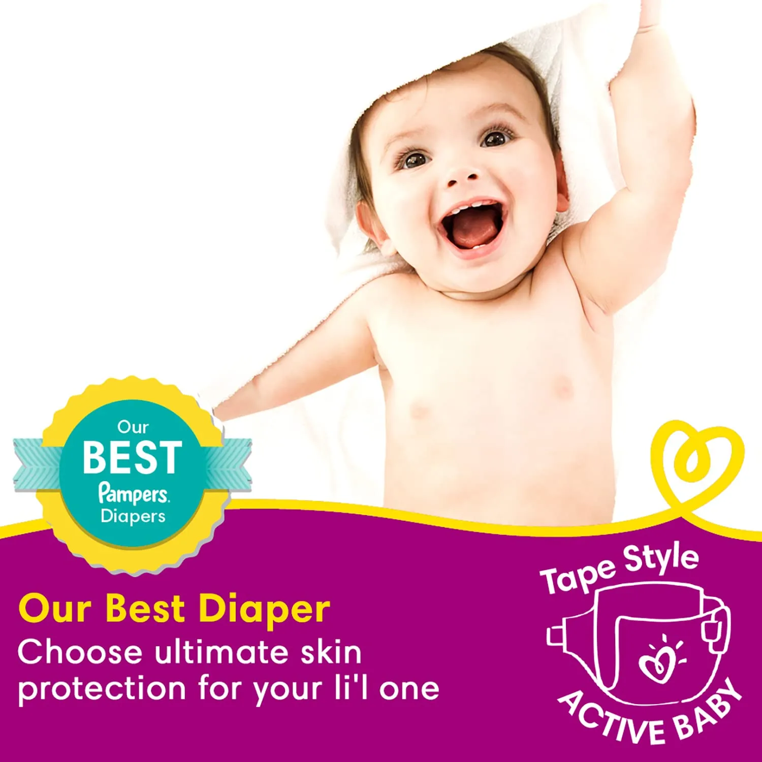 Pampers Active Baby Tape Style Diapers, Medium (M) Size, 62 Count, Adjustable Fit with 5 star skin protection, 6-11kg Diapers