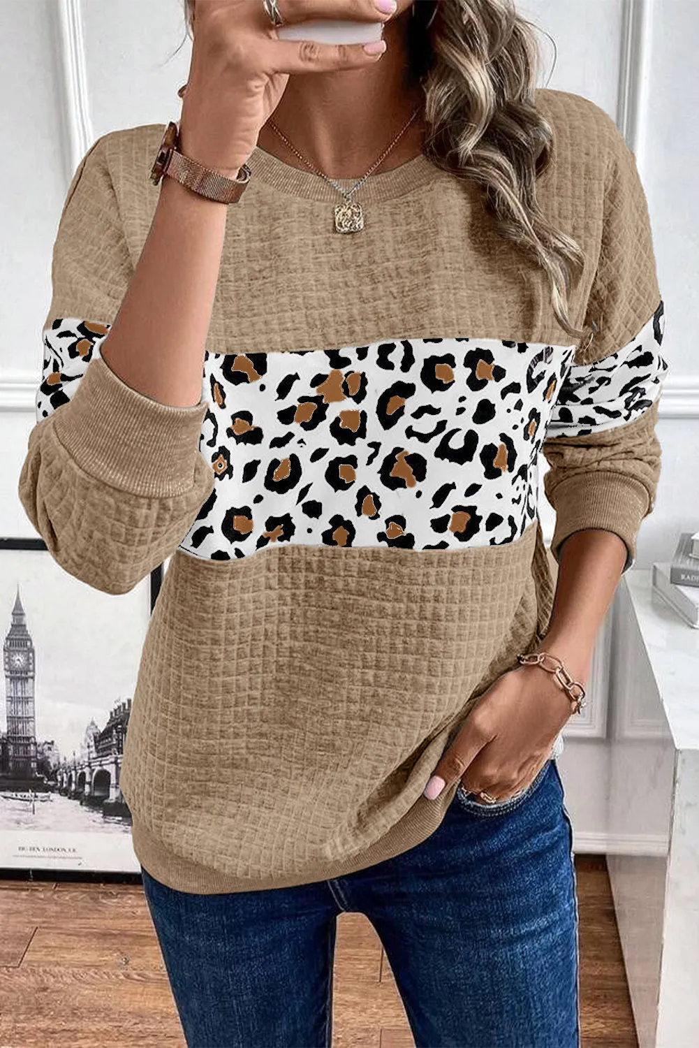 Parchment Leopard Quilted Patchwork Pullover Sweatshirt