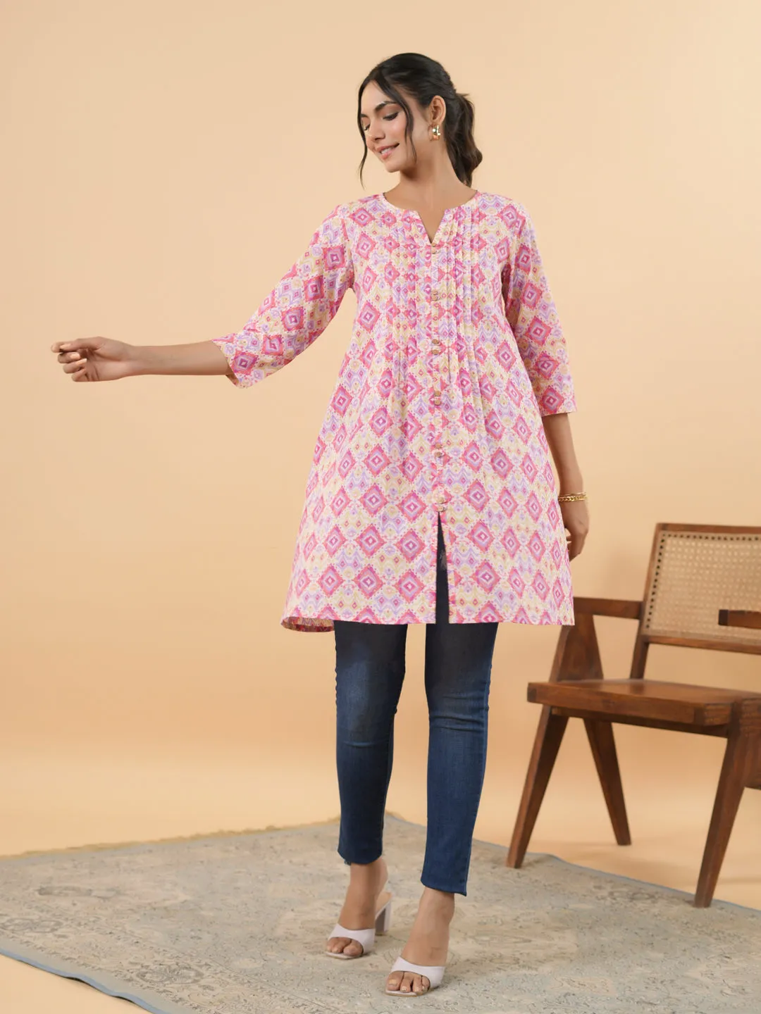 Pink Cotton Ikkat Pleated Tunic