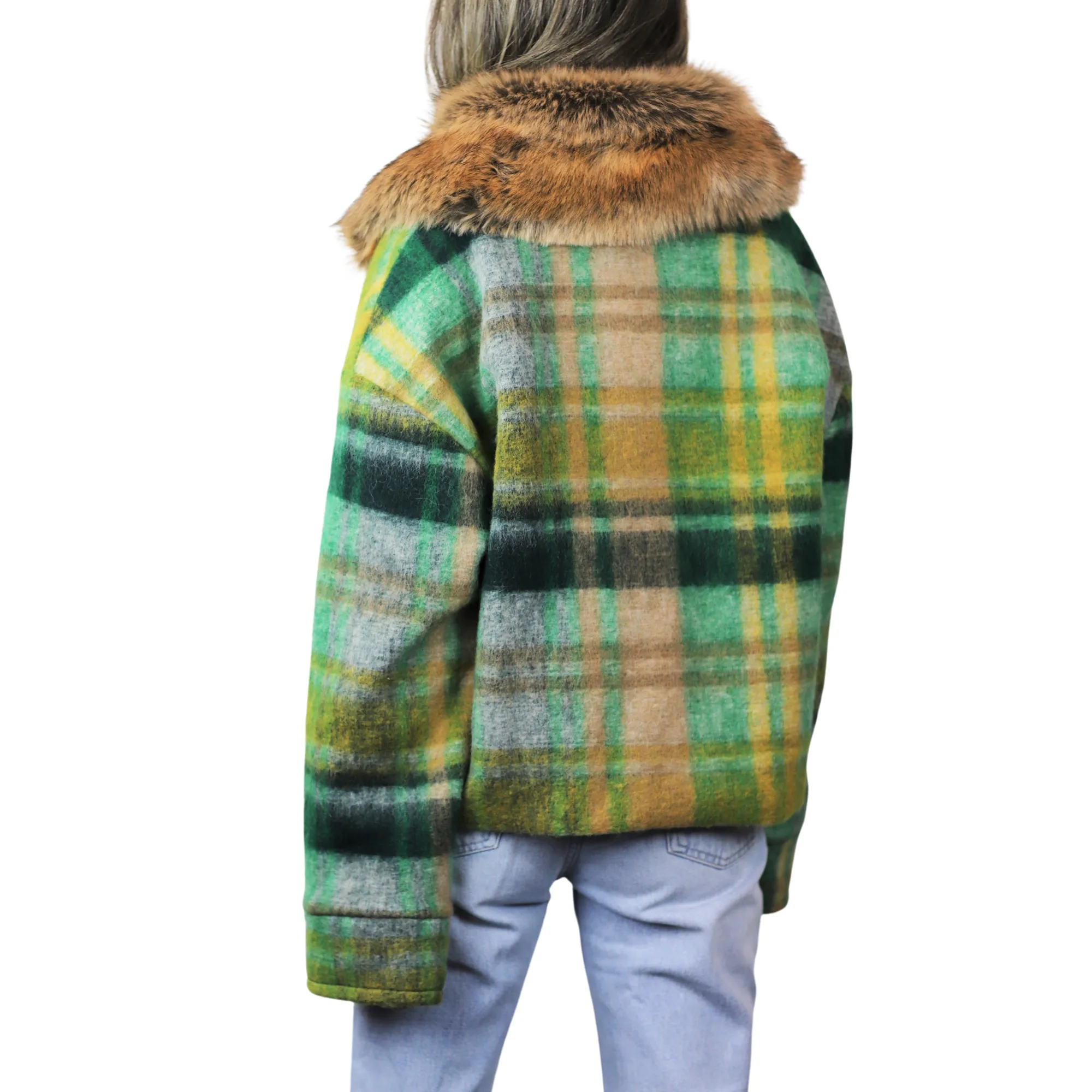 Plaid Cropped Jacket w/ Trim - Green