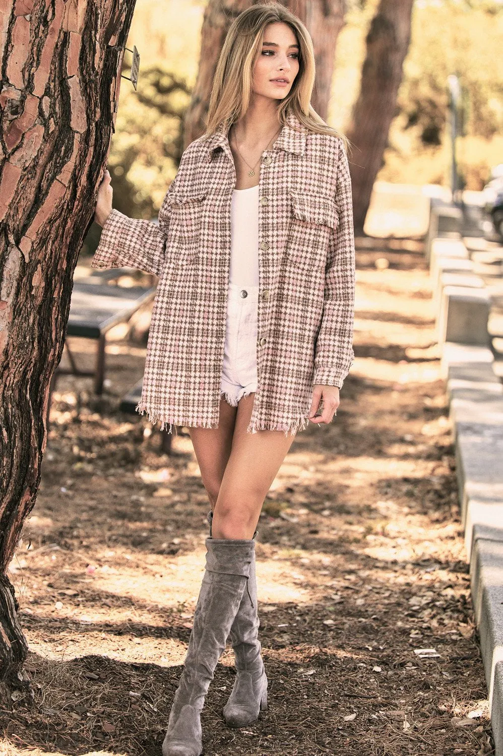 Plaid long sleeve jacket (shacket) with front pocket