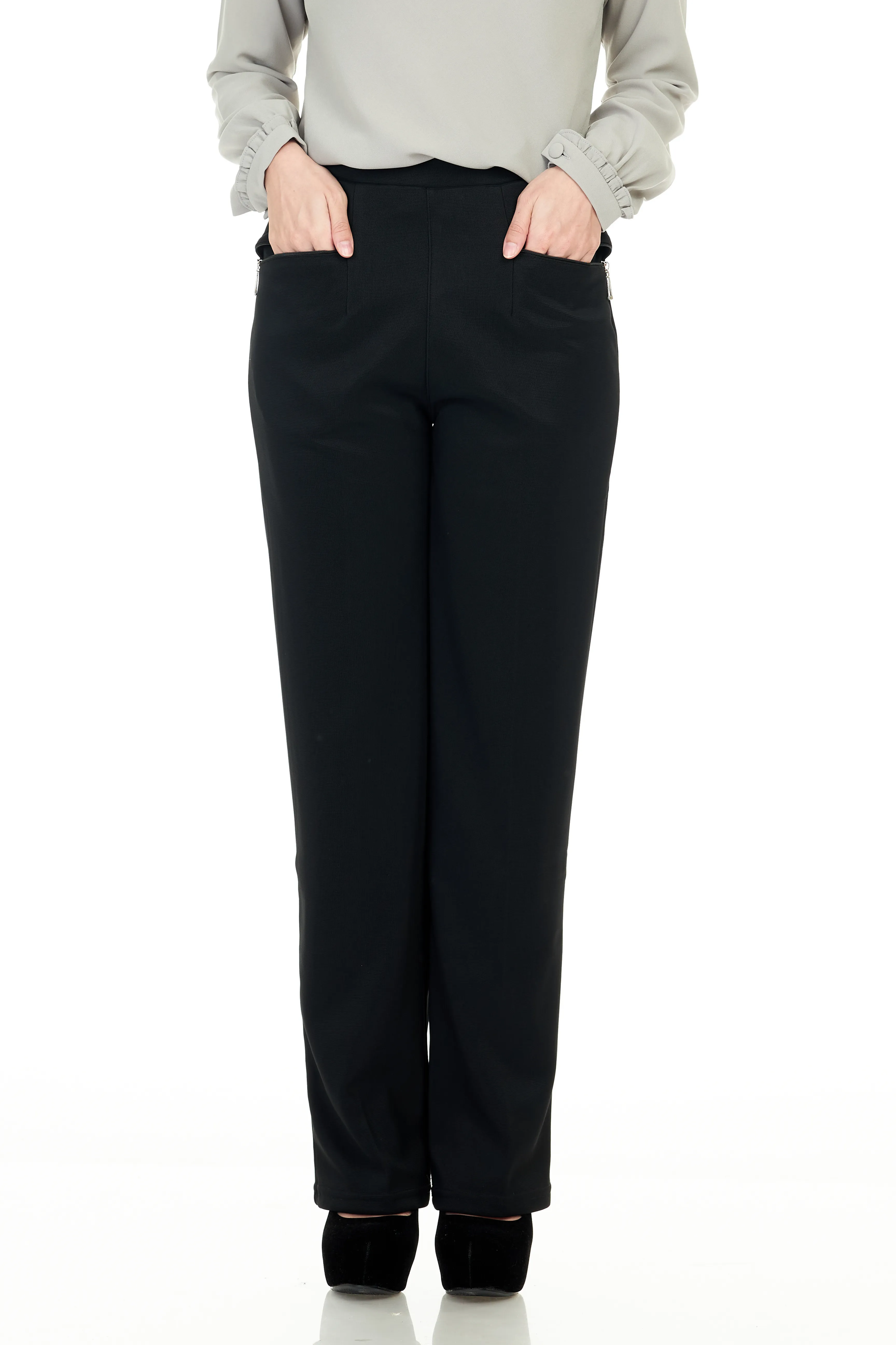 Plain Pants with Zipper Pocket - Black