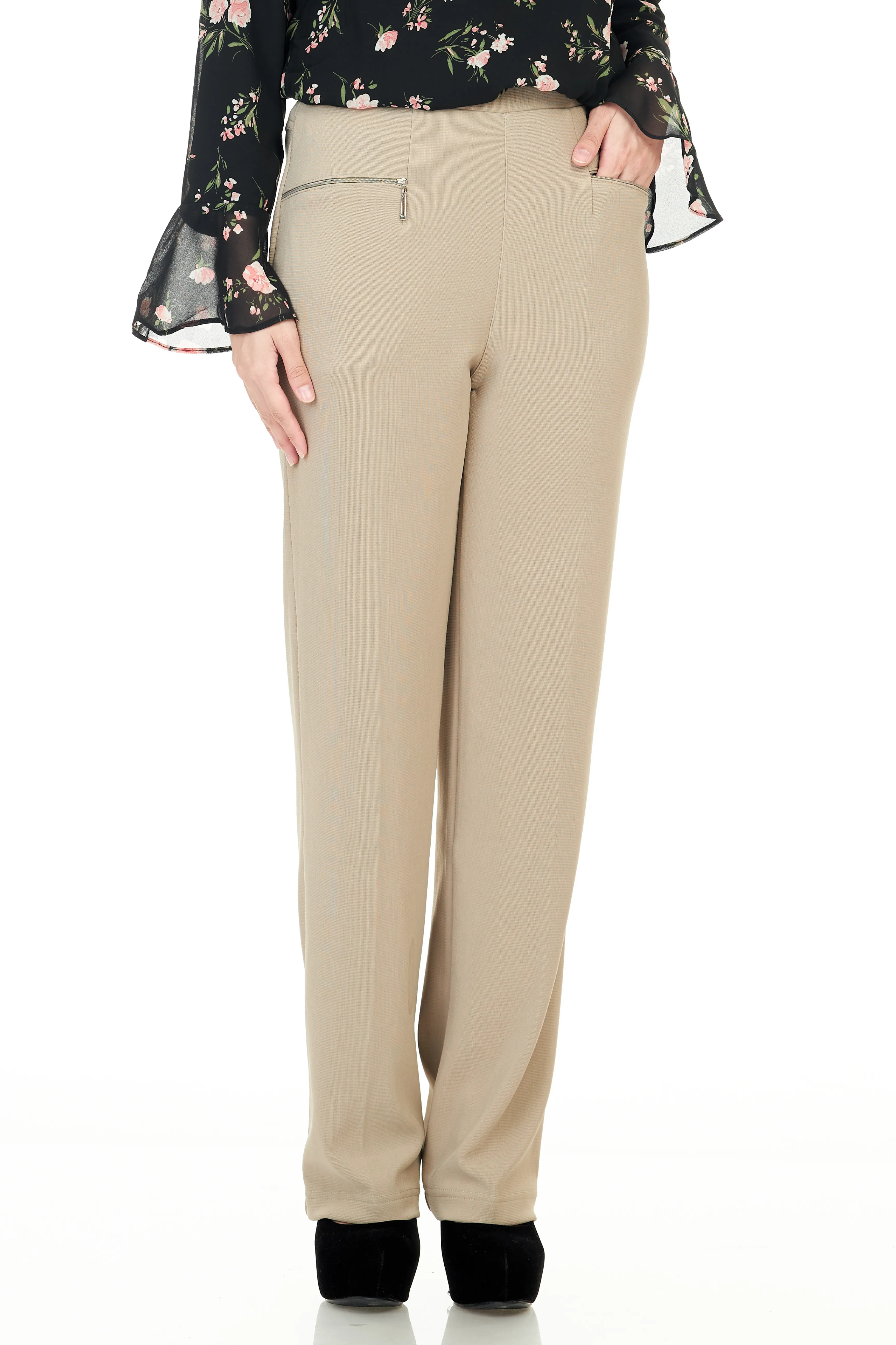 Plain Pants with Zipper Pocket - Khaki