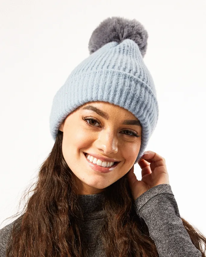 Plush Knit Pom Pom Beanie - Sky Blue