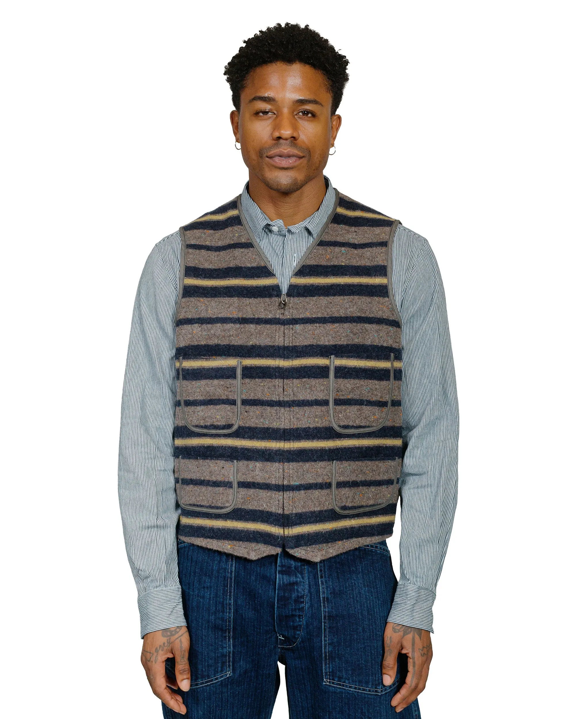 Post O'Alls Fleece Vest Trashed Wool Navy Stripe