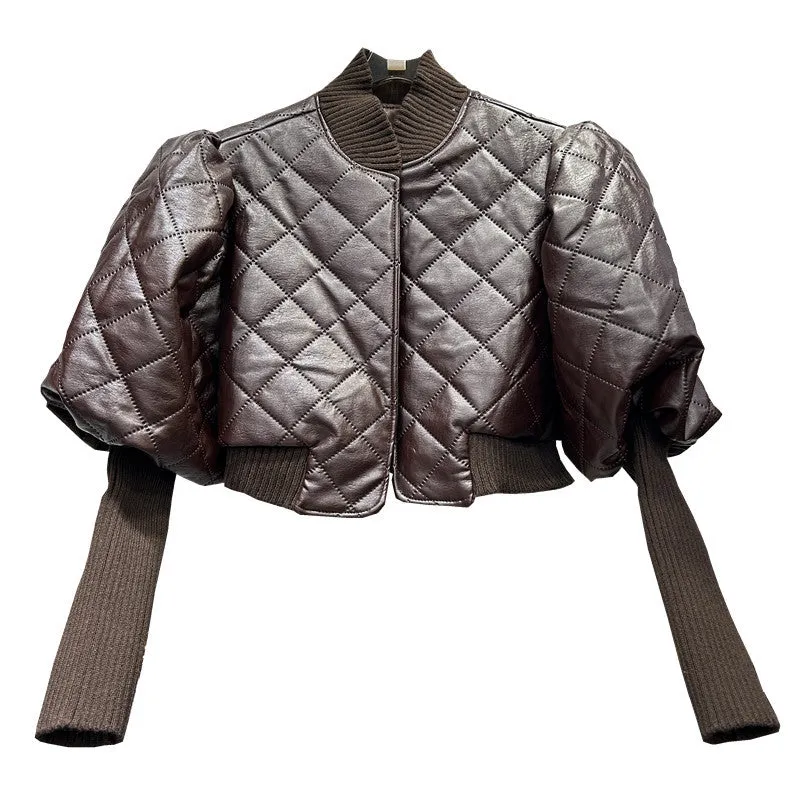 Pre Order: Versatile Bubble Sleeves Knitted Leather Jacket