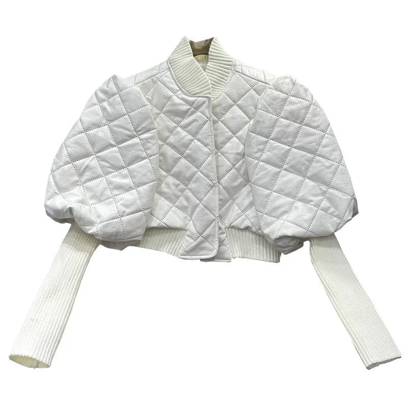 Pre Order: Versatile Bubble Sleeves Knitted Leather Jacket