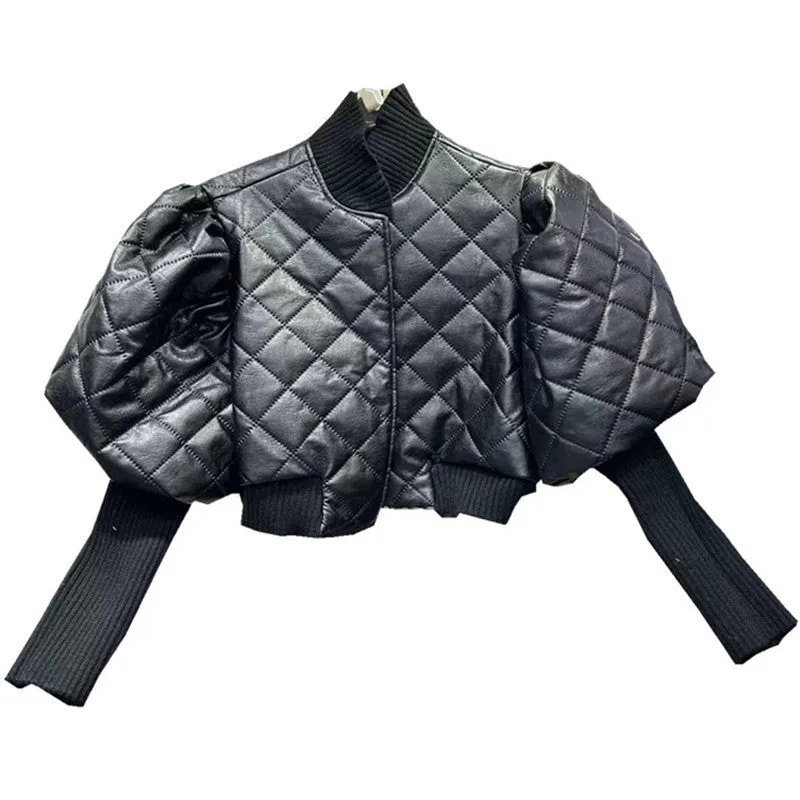 Pre Order: Versatile Bubble Sleeves Knitted Leather Jacket