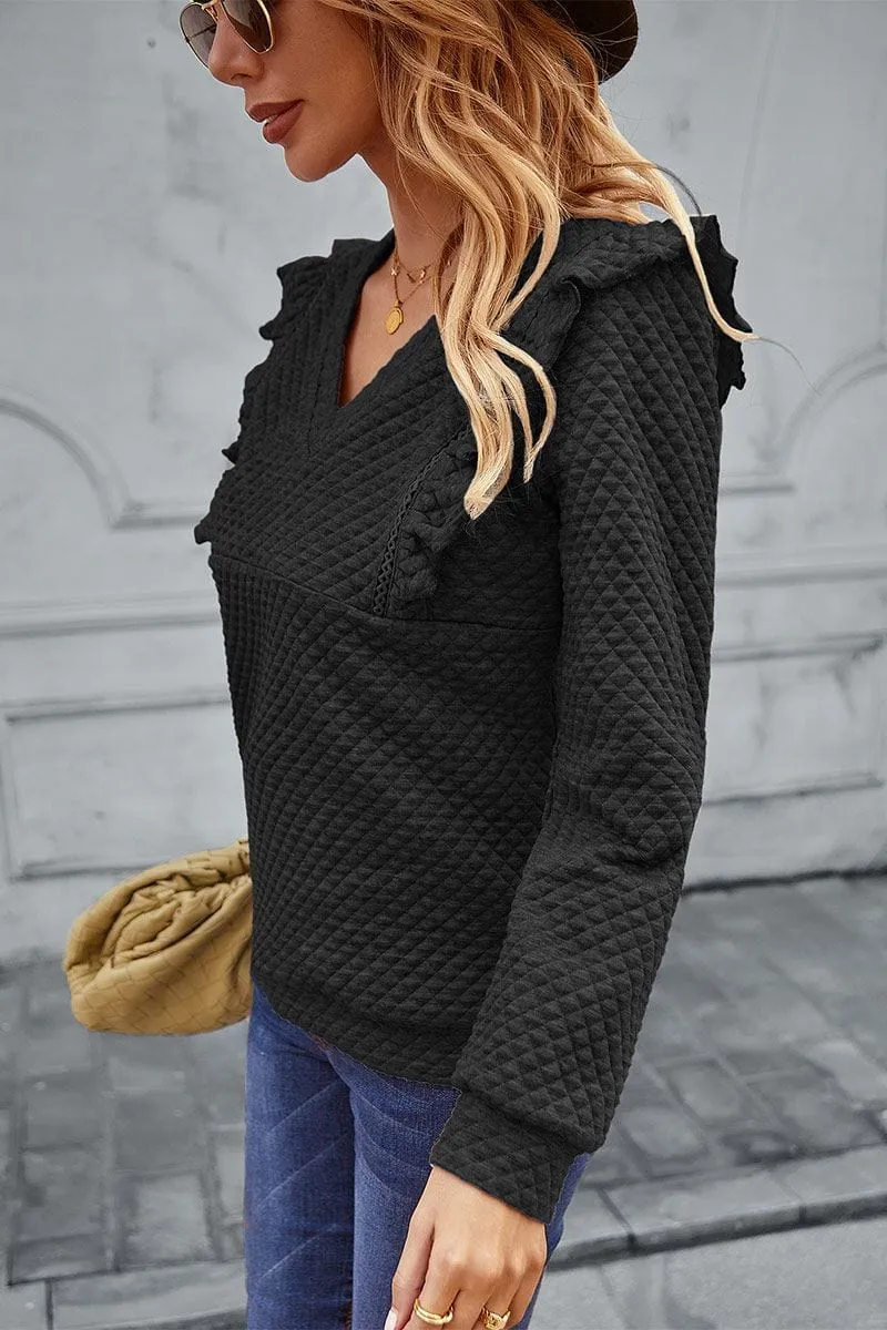 Quilted Ruffle Trimmed Sweater