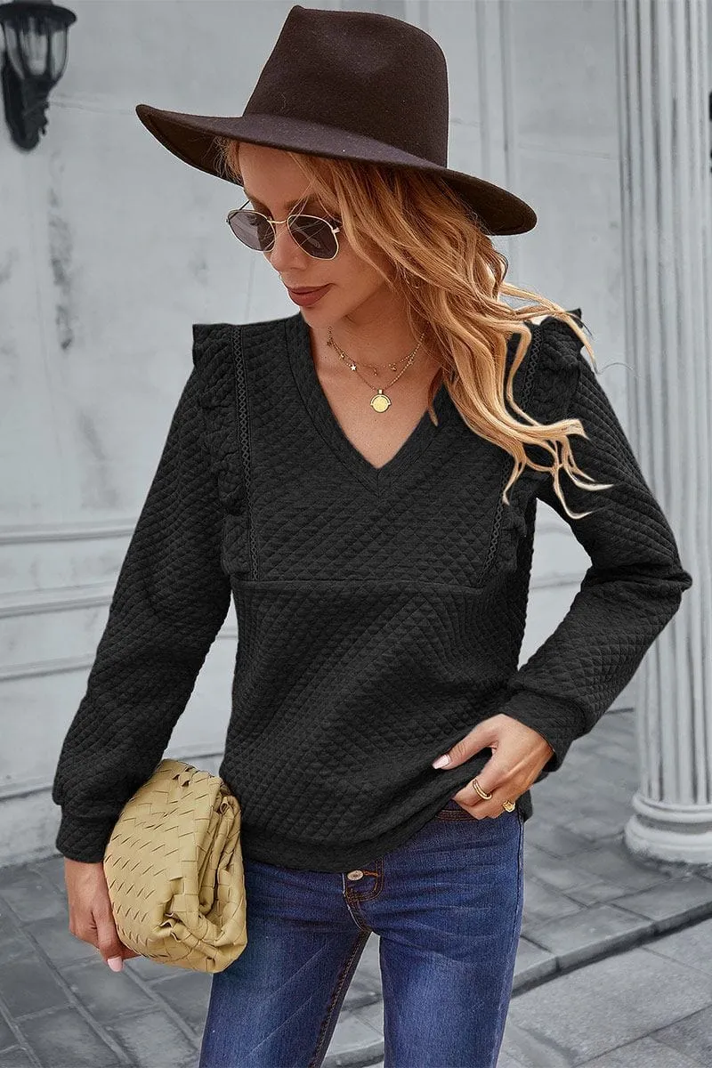 Quilted Ruffle Trimmed Sweater