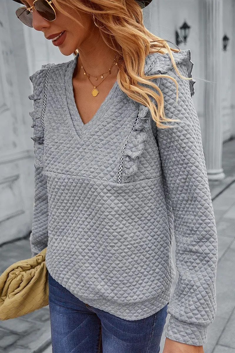 Quilted Ruffle Trimmed Sweater