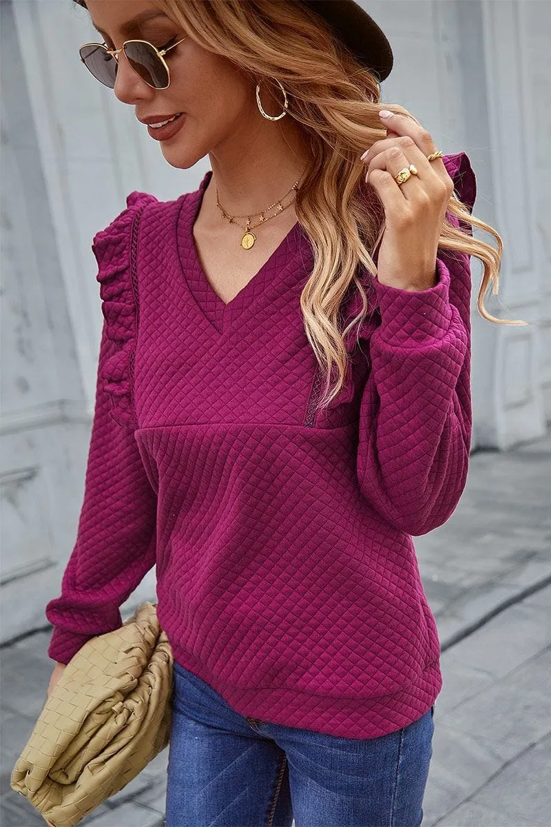 Quilted Ruffle Trimmed Sweater