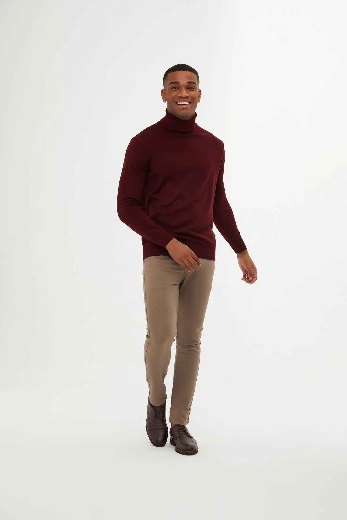 Regular Fit Basic Plain Light Burgundy Turtleneck Sweater