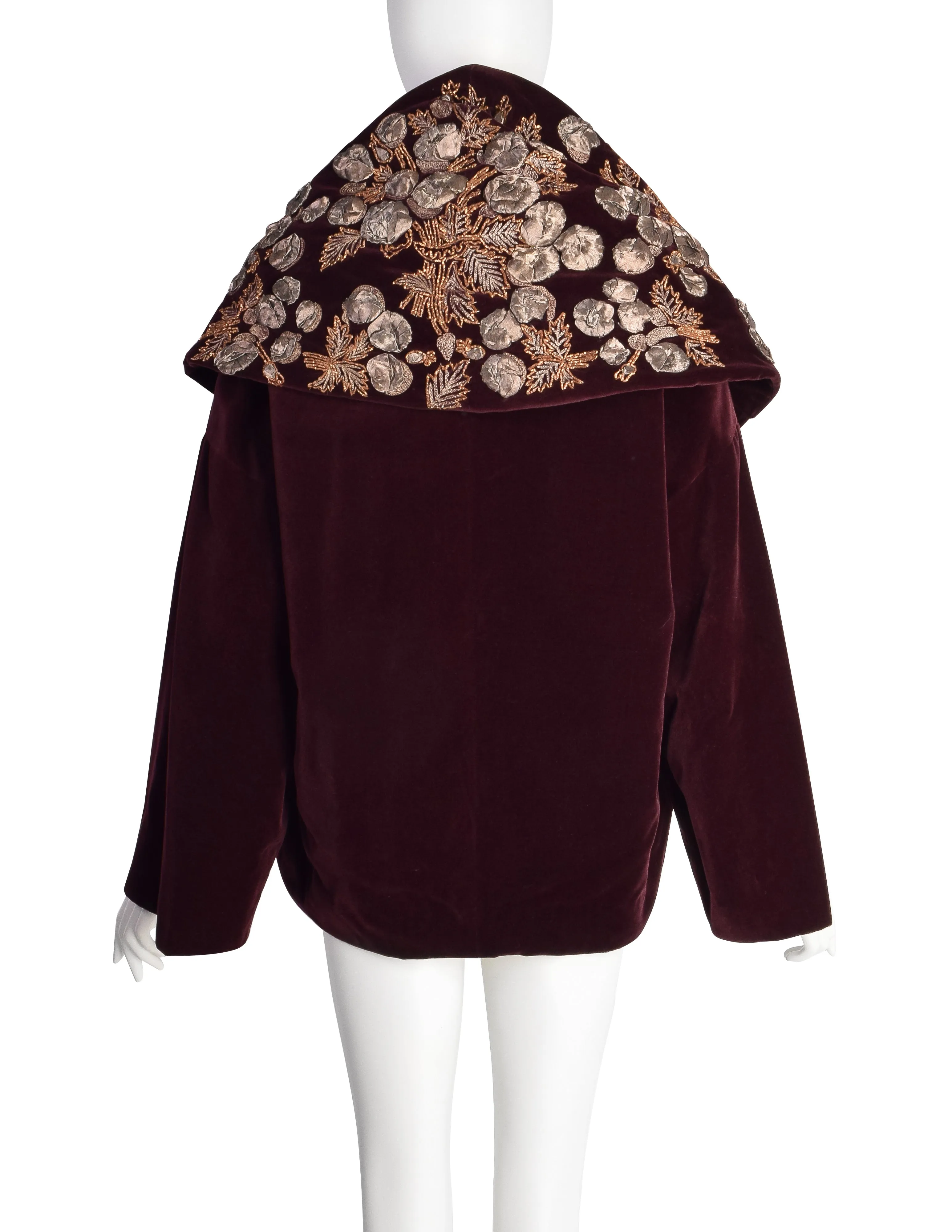 Romeo Gigli Vintage AW 1989 Burgundy Velvet Embellished Shawl Collar Cropped Coat