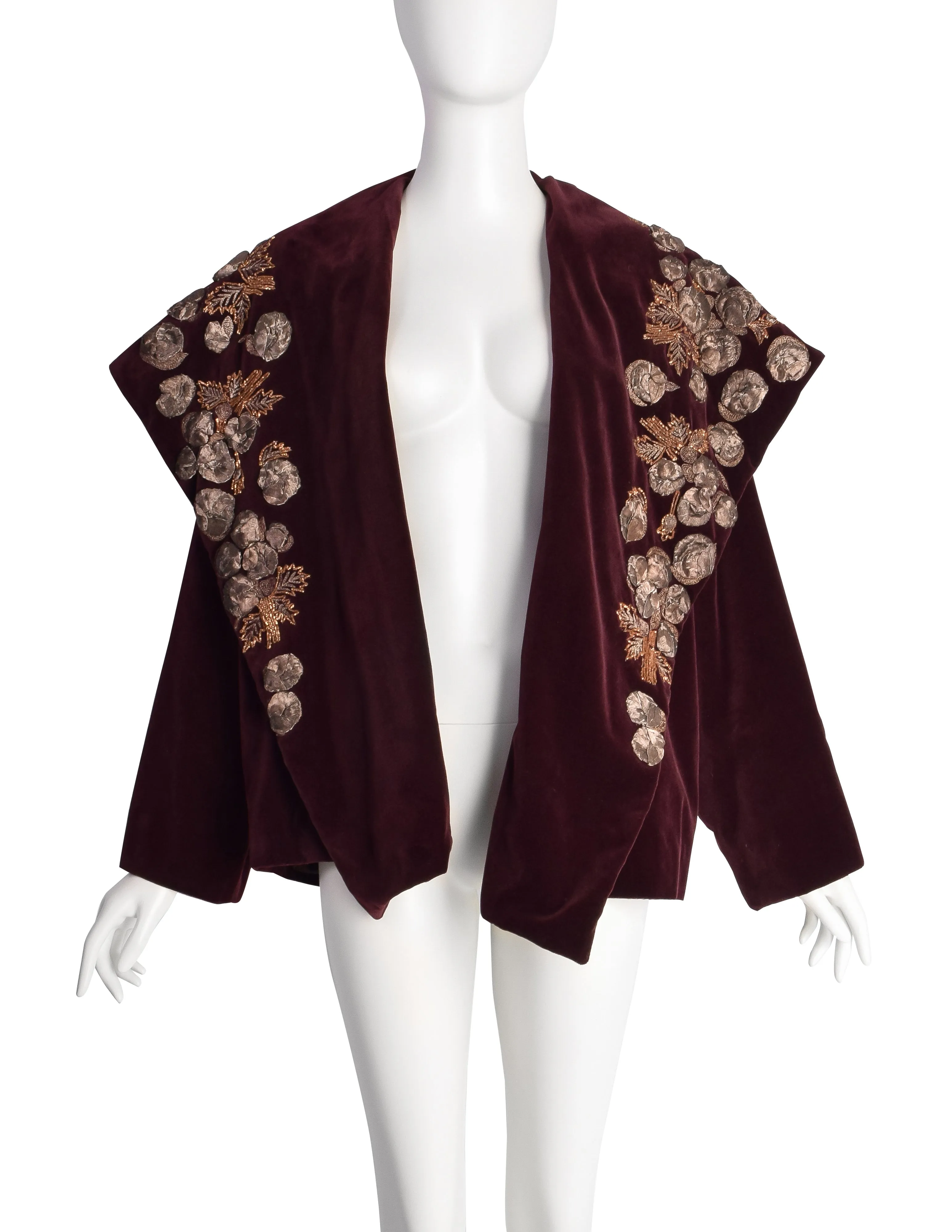 Romeo Gigli Vintage AW 1989 Burgundy Velvet Embellished Shawl Collar Cropped Coat