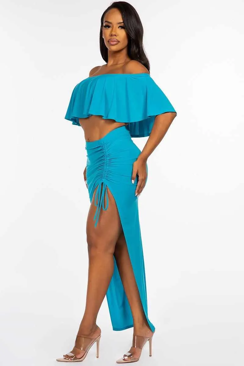 Ruffled Cropped Top And Ruched Maxi Skirt Set