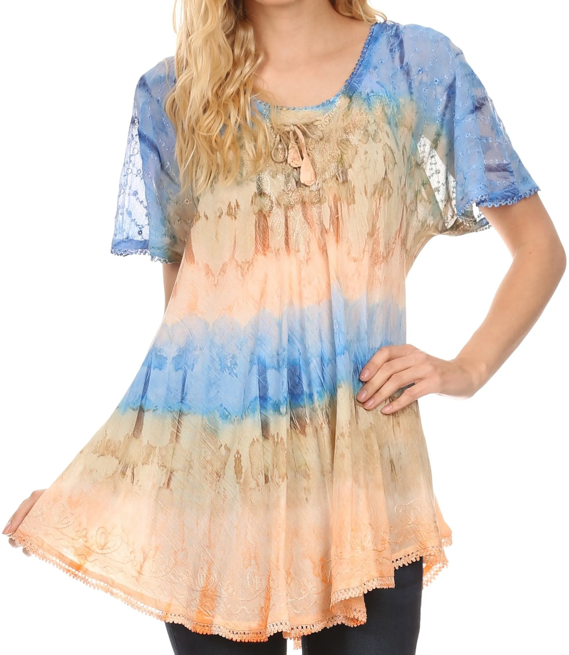 Sakkas Monet Long Tall Tie Dye Ombre Embroidered Cap Sleeve Blouse Shirt Top