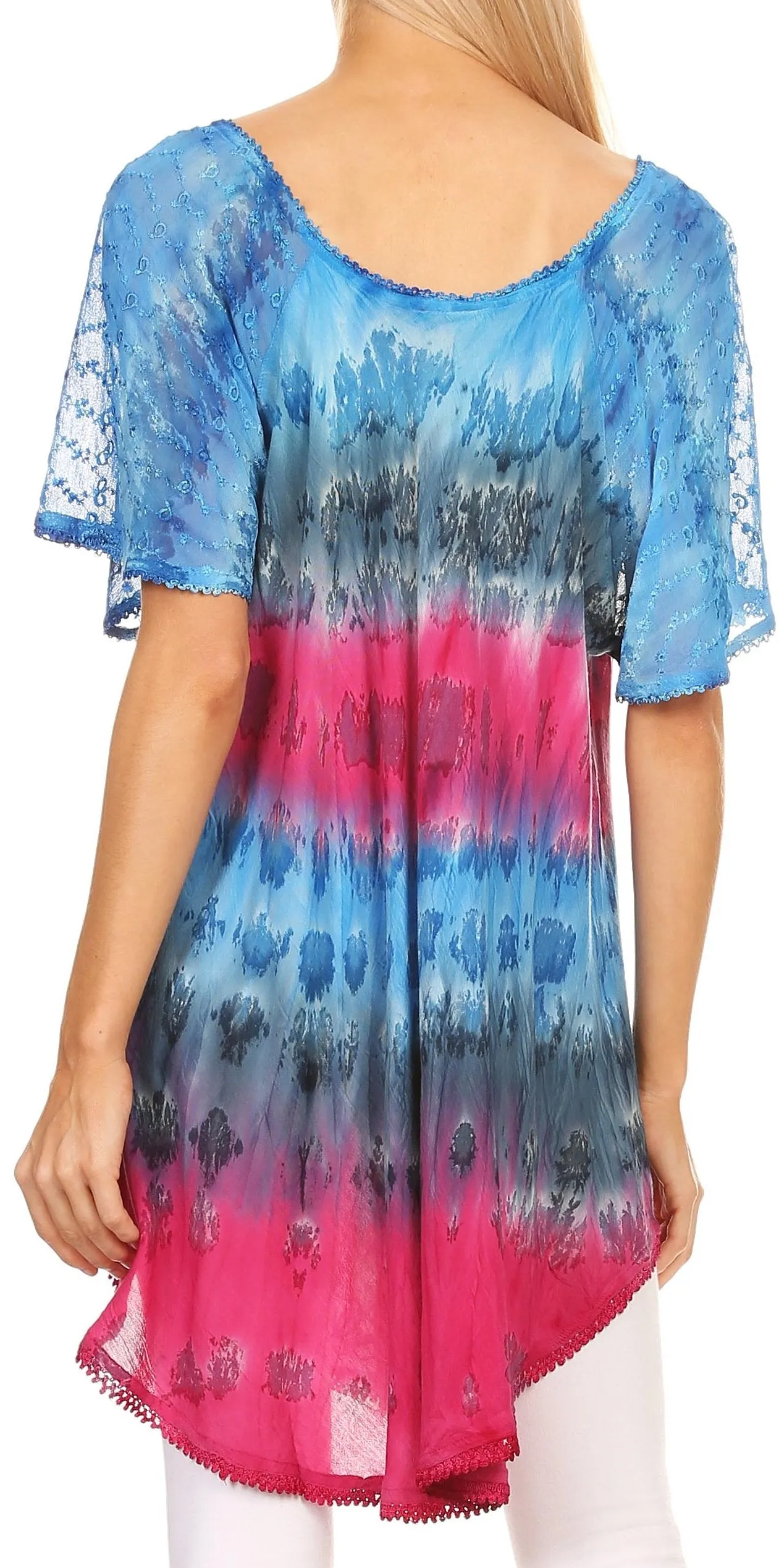 Sakkas Monet Long Tall Tie Dye Ombre Embroidered Cap Sleeve Blouse Shirt Top