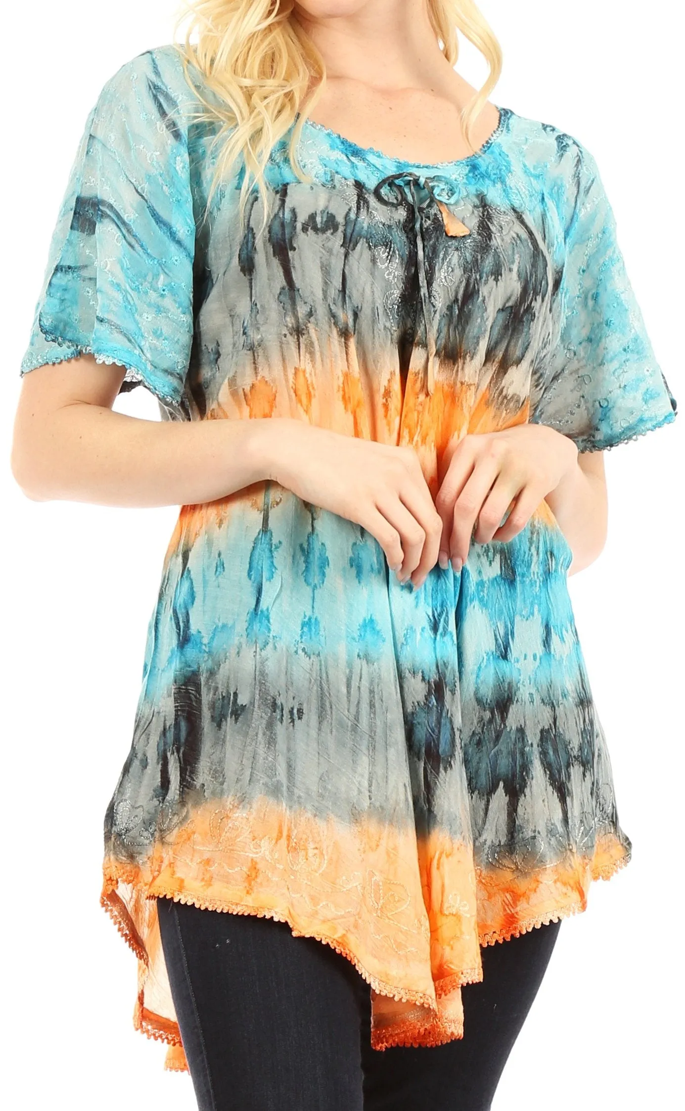 Sakkas Monet Long Tall Tie Dye Ombre Embroidered Cap Sleeve Blouse Shirt Top