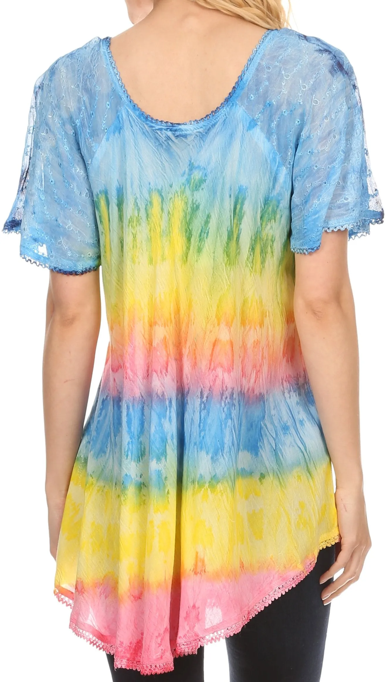 Sakkas Monet Long Tall Tie Dye Ombre Embroidered Cap Sleeve Blouse Shirt Top