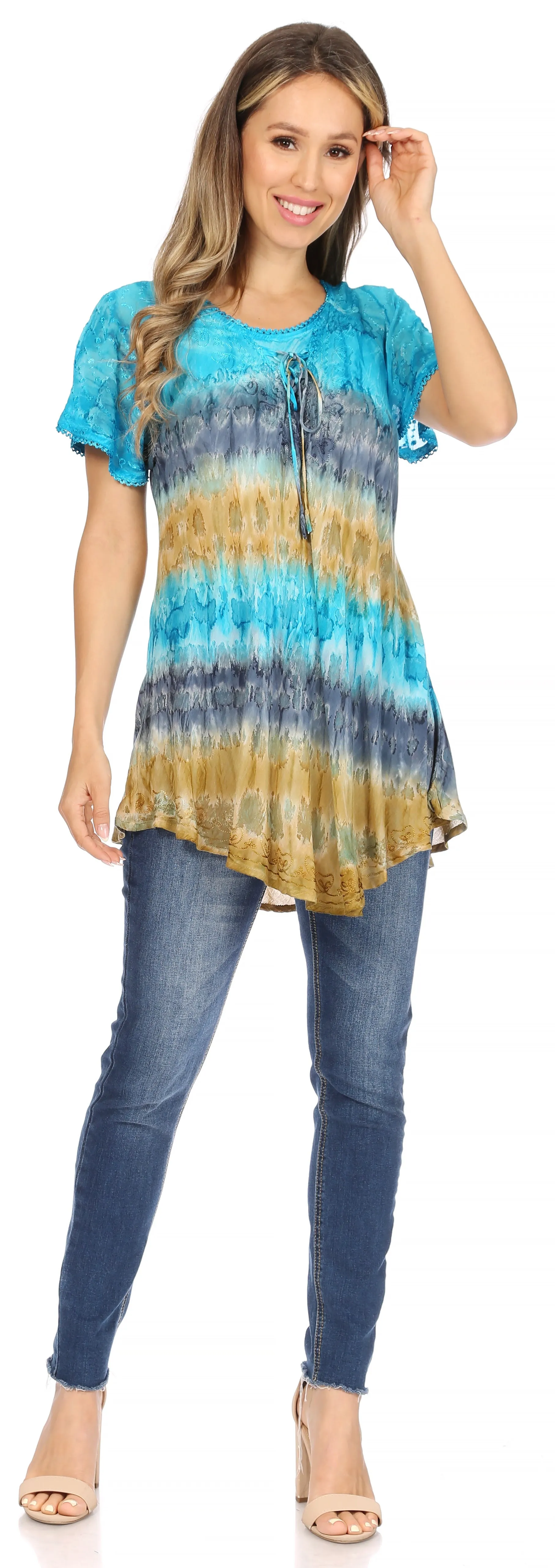 Sakkas Monet Long Tall Tie Dye Ombre Embroidered Cap Sleeve Blouse Shirt Top