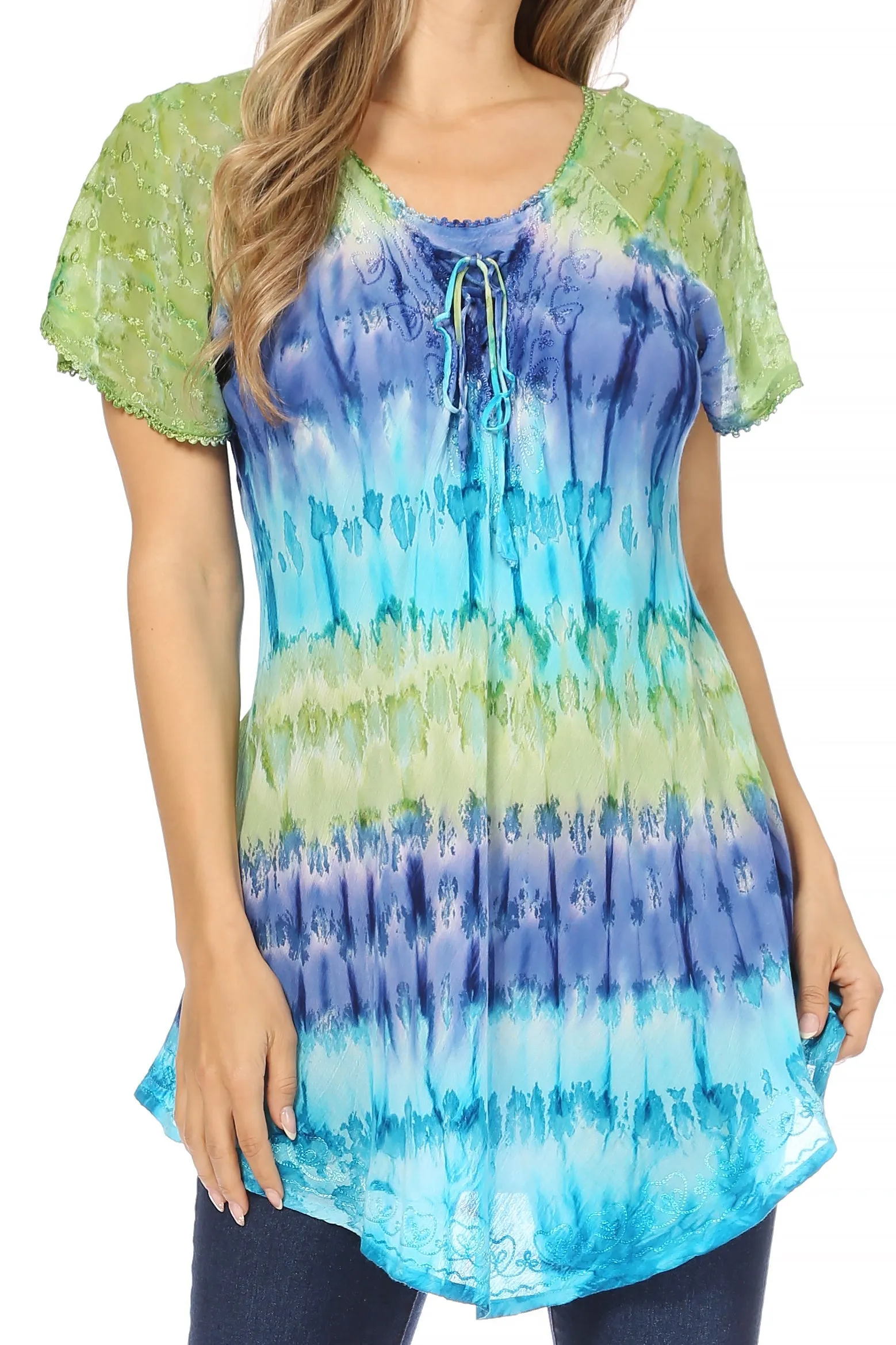 Sakkas Monet Long Tall Tie Dye Ombre Embroidered Cap Sleeve Blouse Shirt Top