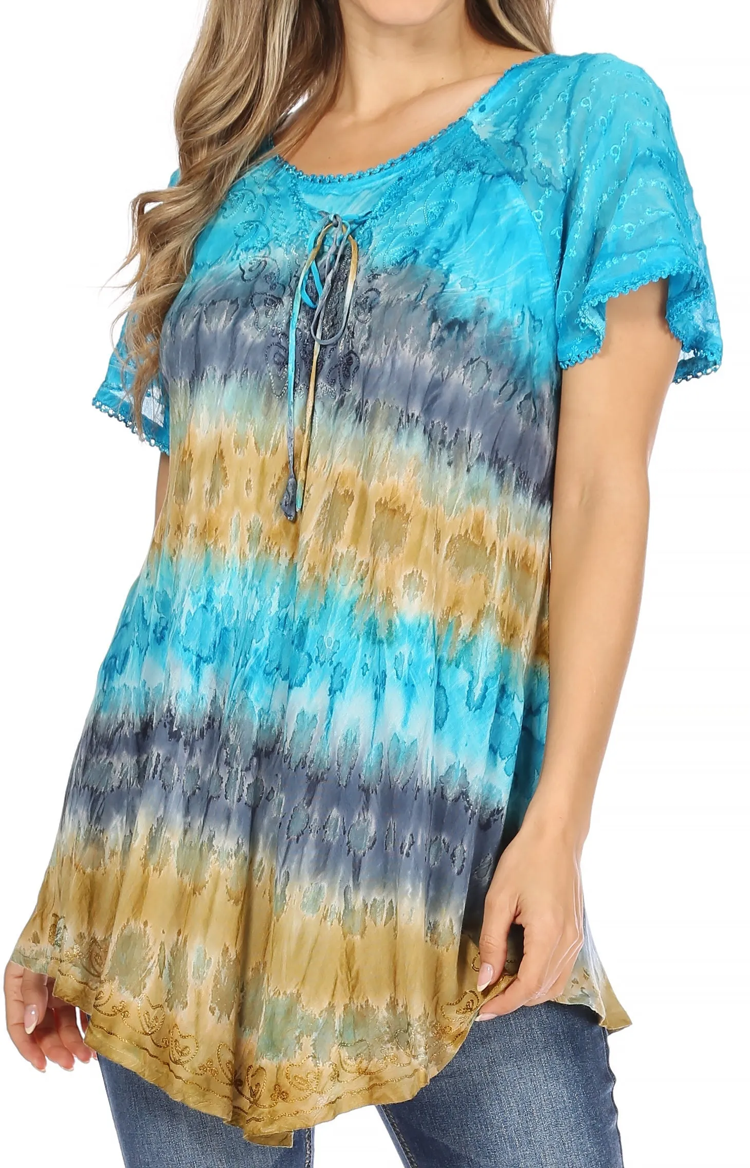 Sakkas Monet Long Tall Tie Dye Ombre Embroidered Cap Sleeve Blouse Shirt Top