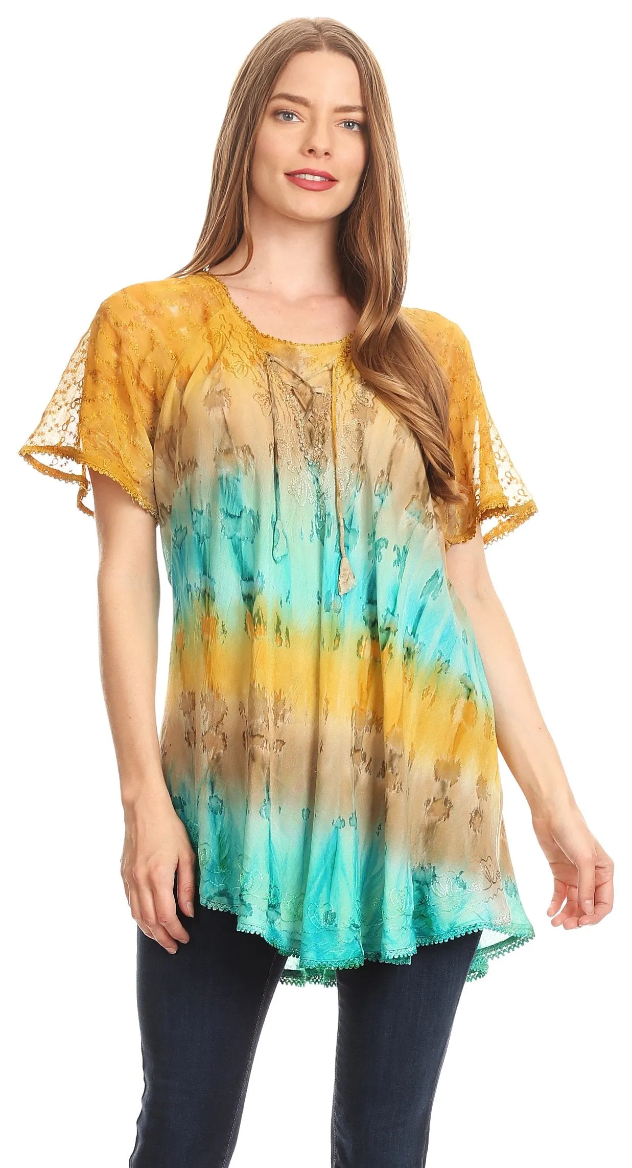 Sakkas Monet Long Tall Tie Dye Ombre Embroidered Cap Sleeve Blouse Shirt Top