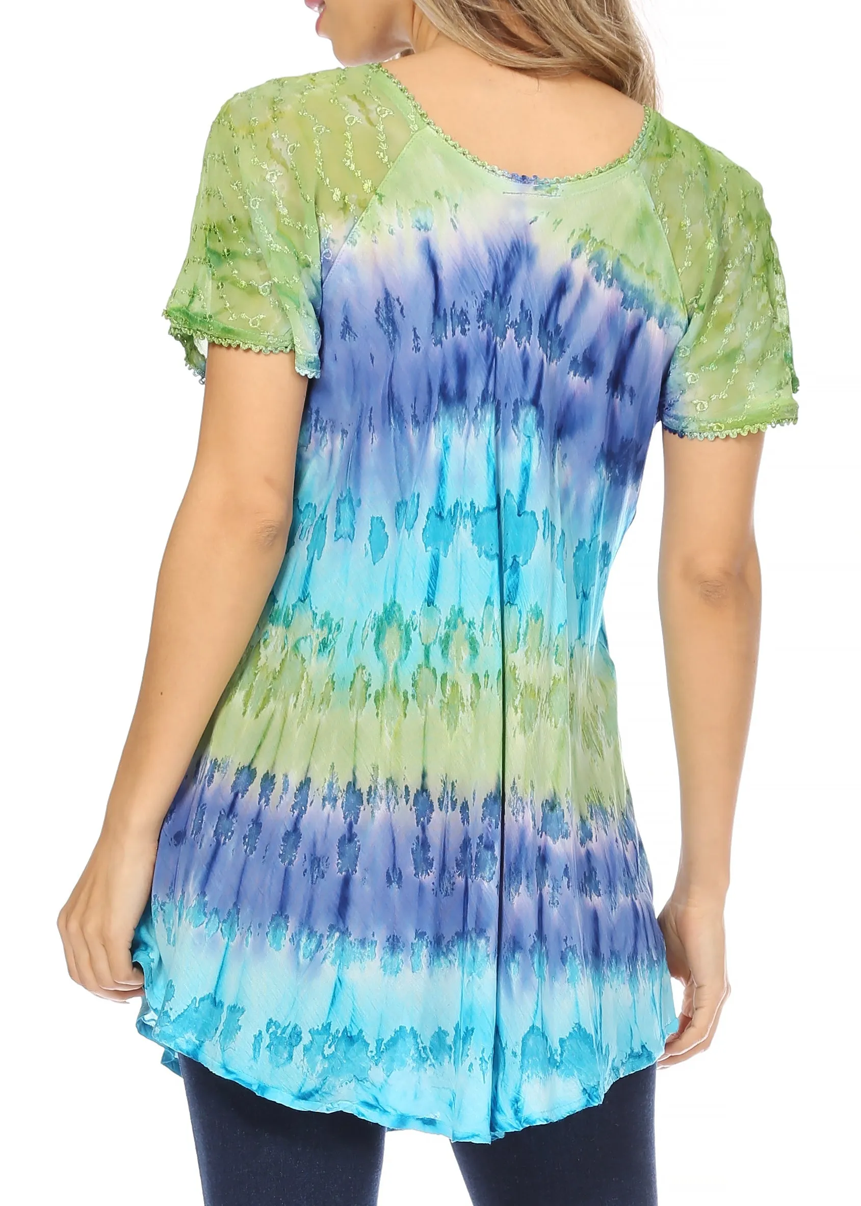 Sakkas Monet Long Tall Tie Dye Ombre Embroidered Cap Sleeve Blouse Shirt Top