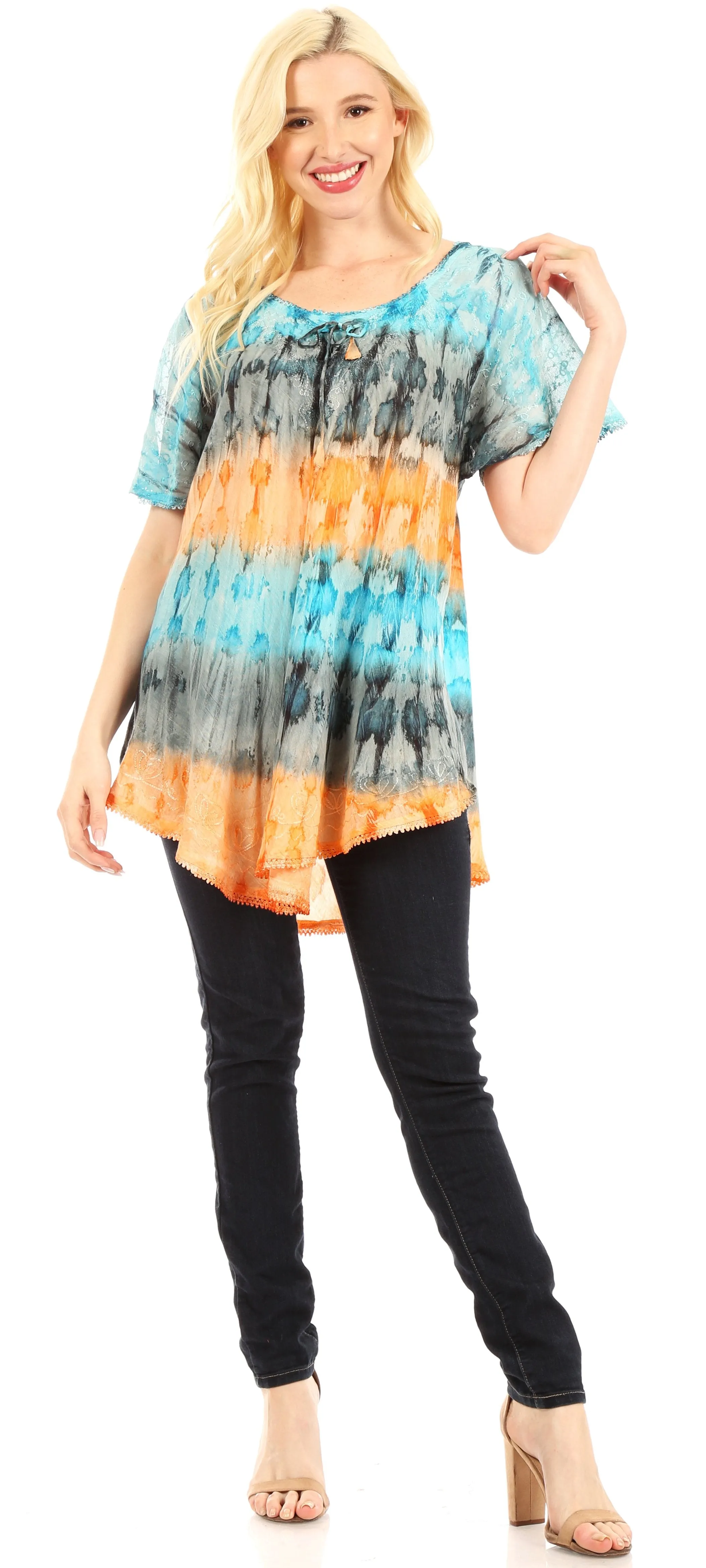 Sakkas Monet Long Tall Tie Dye Ombre Embroidered Cap Sleeve Blouse Shirt Top