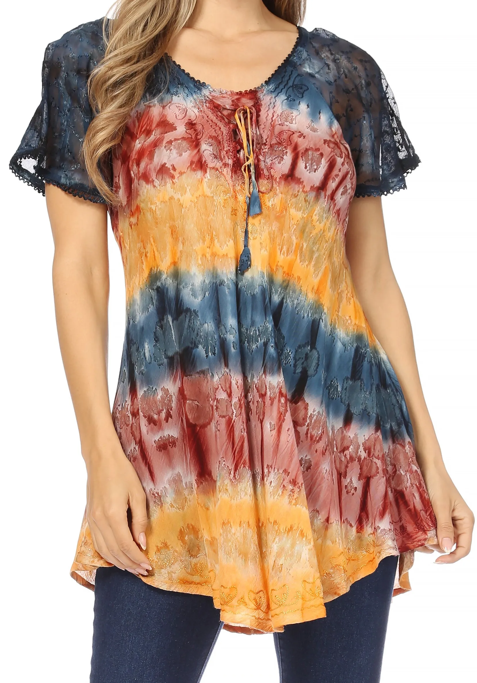 Sakkas Monet Long Tall Tie Dye Ombre Embroidered Cap Sleeve Blouse Shirt Top