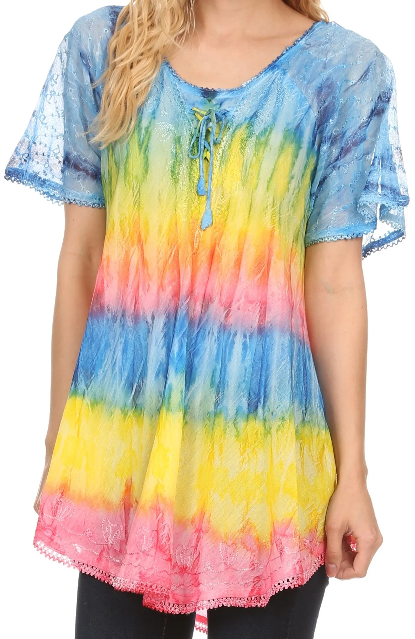 Sakkas Monet Long Tall Tie Dye Ombre Embroidered Cap Sleeve Blouse Shirt Top