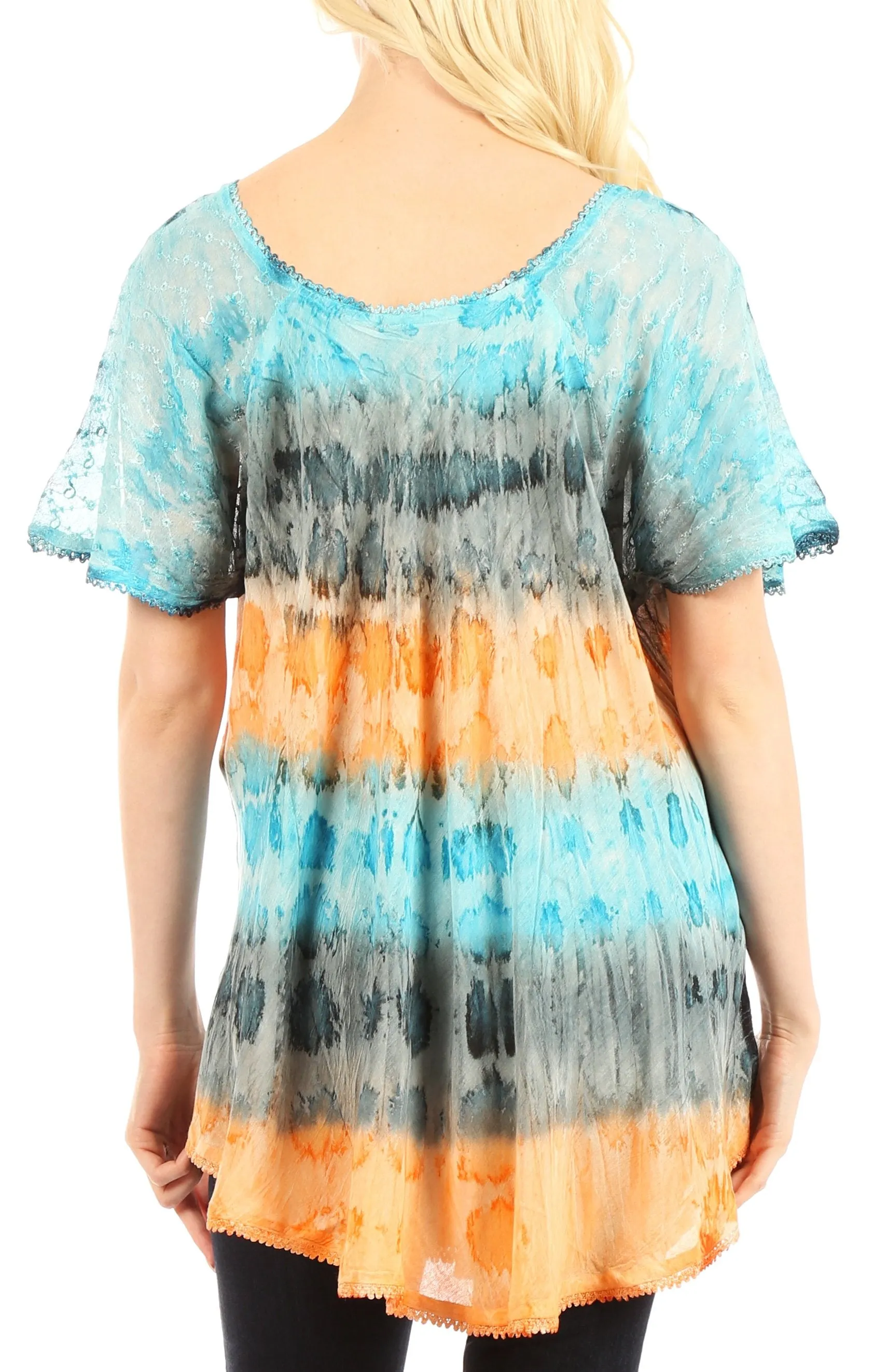 Sakkas Monet Long Tall Tie Dye Ombre Embroidered Cap Sleeve Blouse Shirt Top