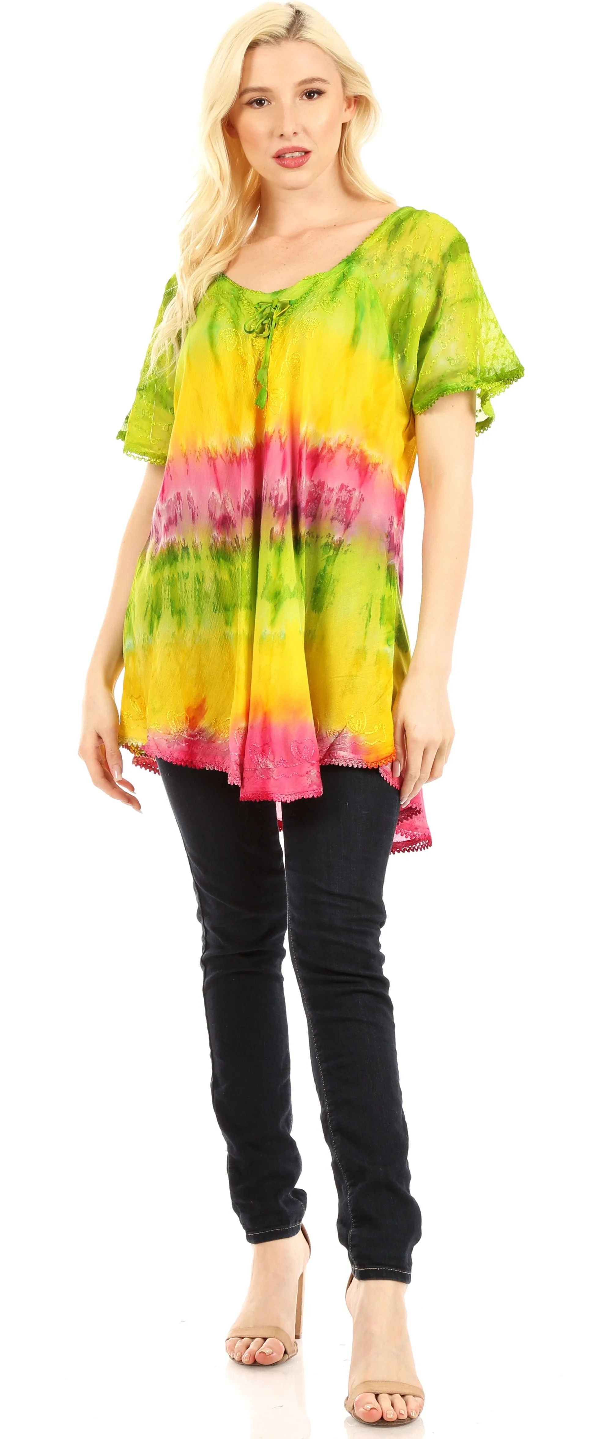 Sakkas Monet Long Tall Tie Dye Ombre Embroidered Cap Sleeve Blouse Shirt Top