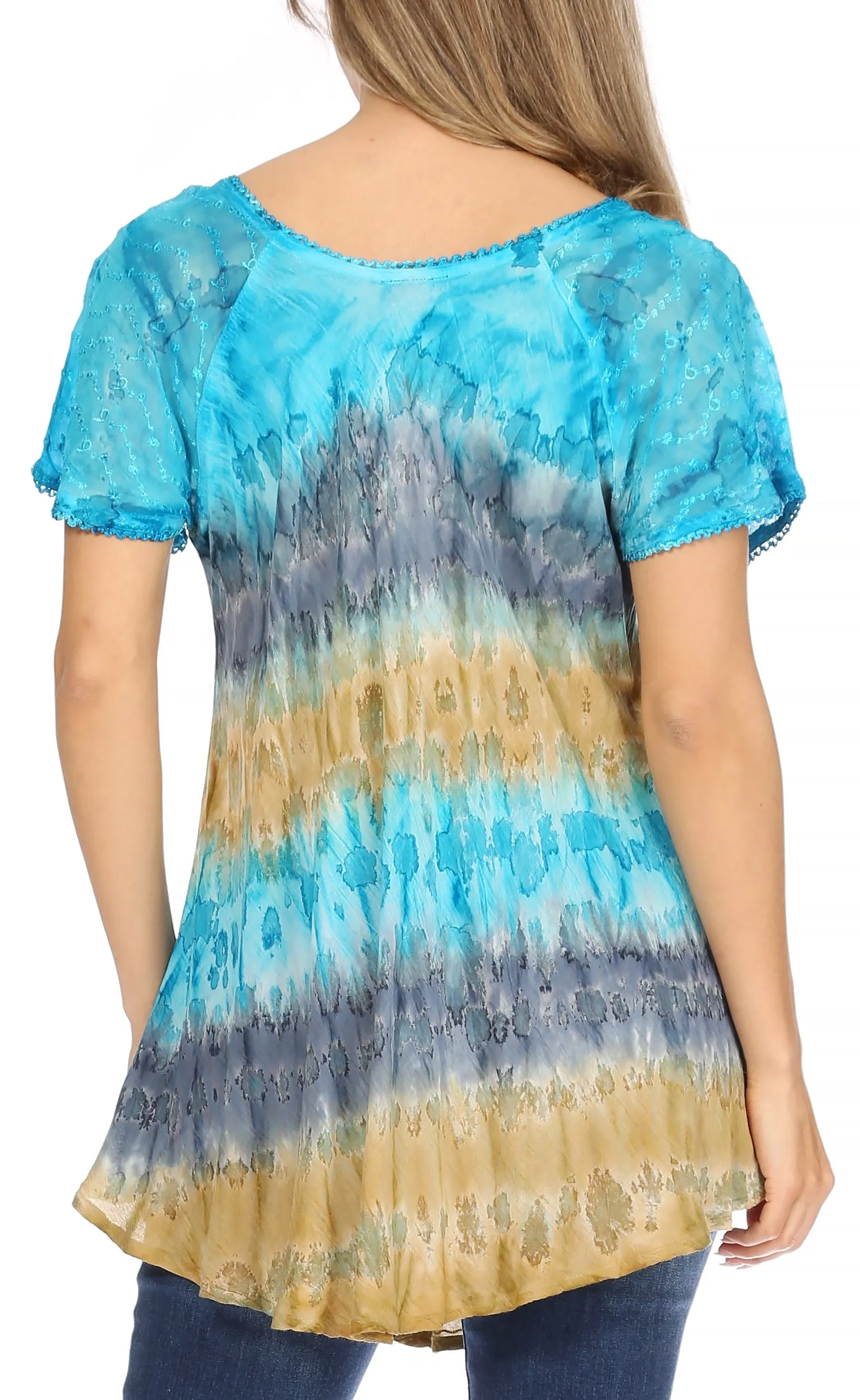 Sakkas Monet Long Tall Tie Dye Ombre Embroidered Cap Sleeve Blouse Shirt Top