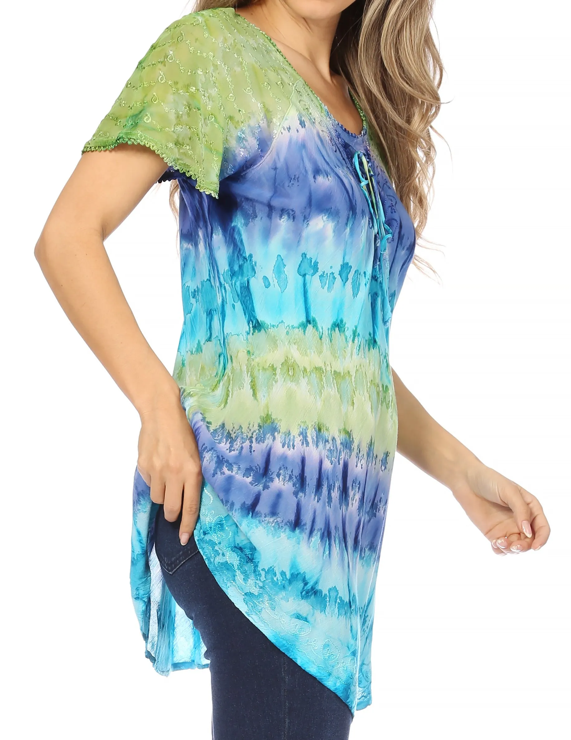 Sakkas Monet Long Tall Tie Dye Ombre Embroidered Cap Sleeve Blouse Shirt Top