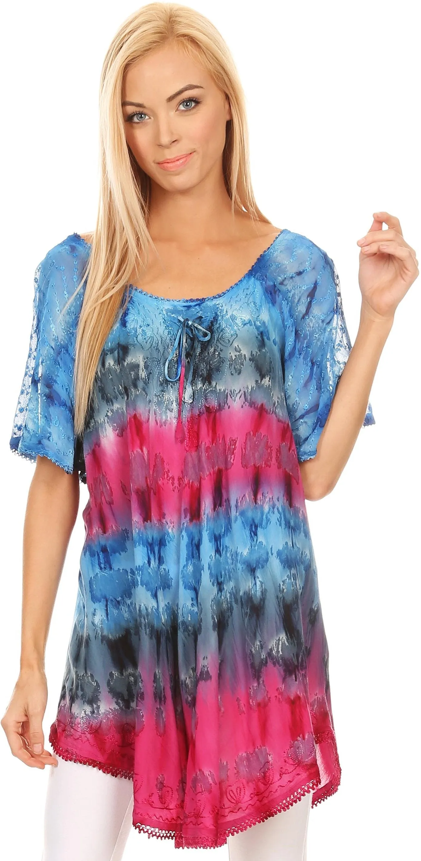 Sakkas Monet Long Tall Tie Dye Ombre Embroidered Cap Sleeve Blouse Shirt Top