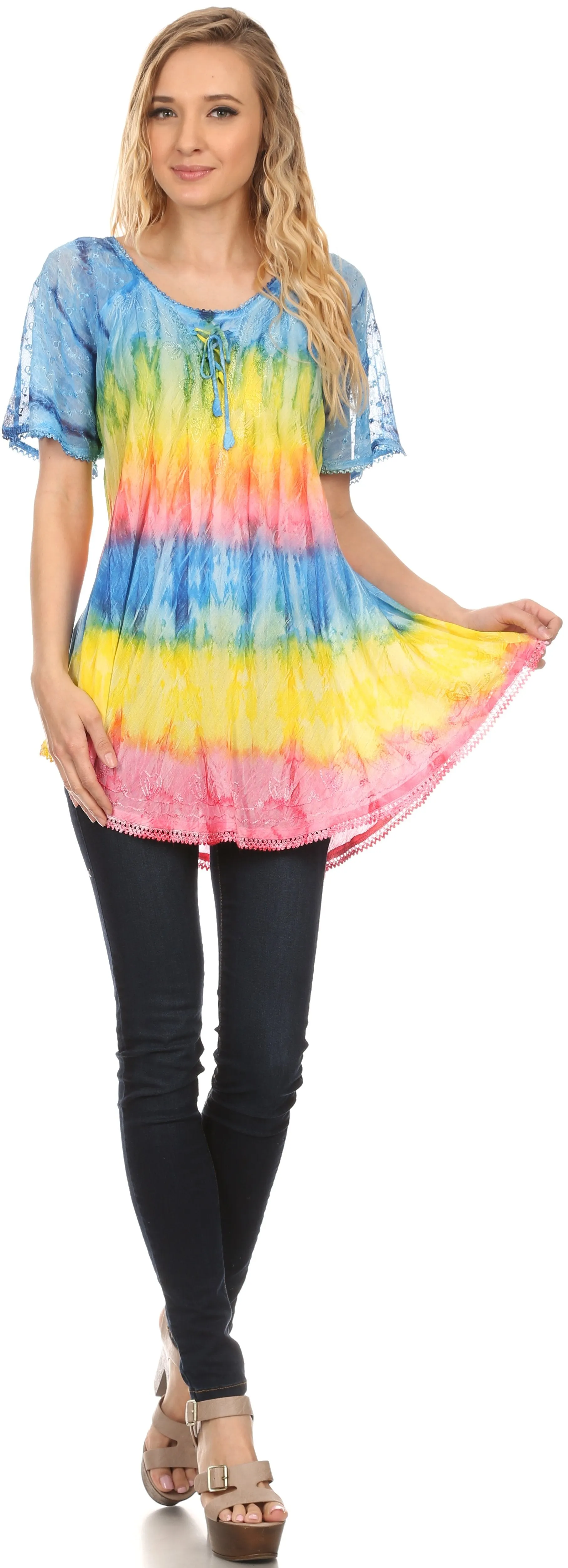 Sakkas Monet Long Tall Tie Dye Ombre Embroidered Cap Sleeve Blouse Shirt Top