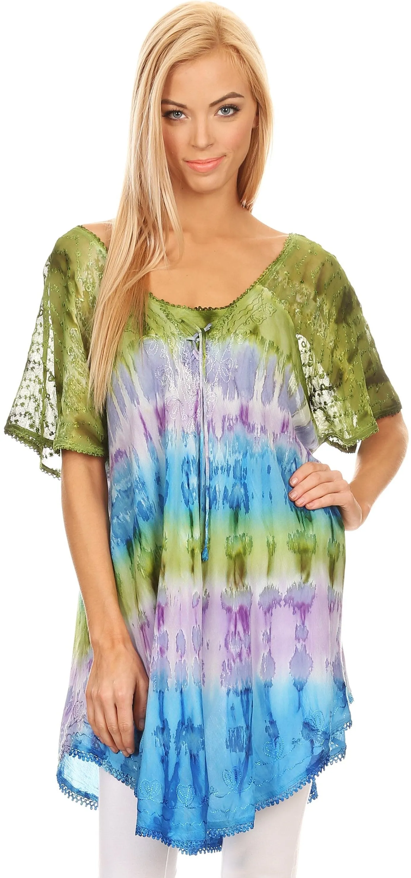 Sakkas Monet Long Tall Tie Dye Ombre Embroidered Cap Sleeve Blouse Shirt Top