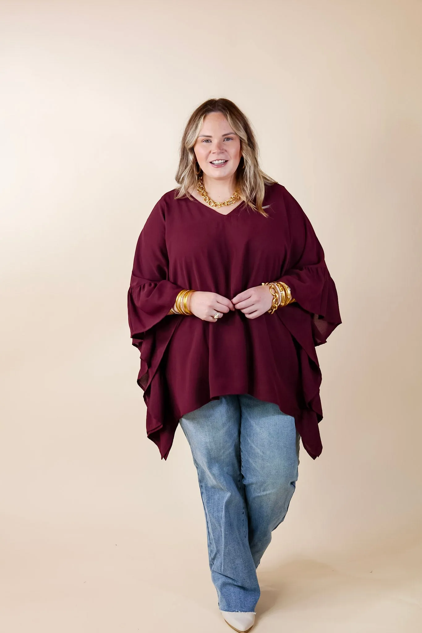 Secret Strength Ruffle Detail Poncho Top in Maroon