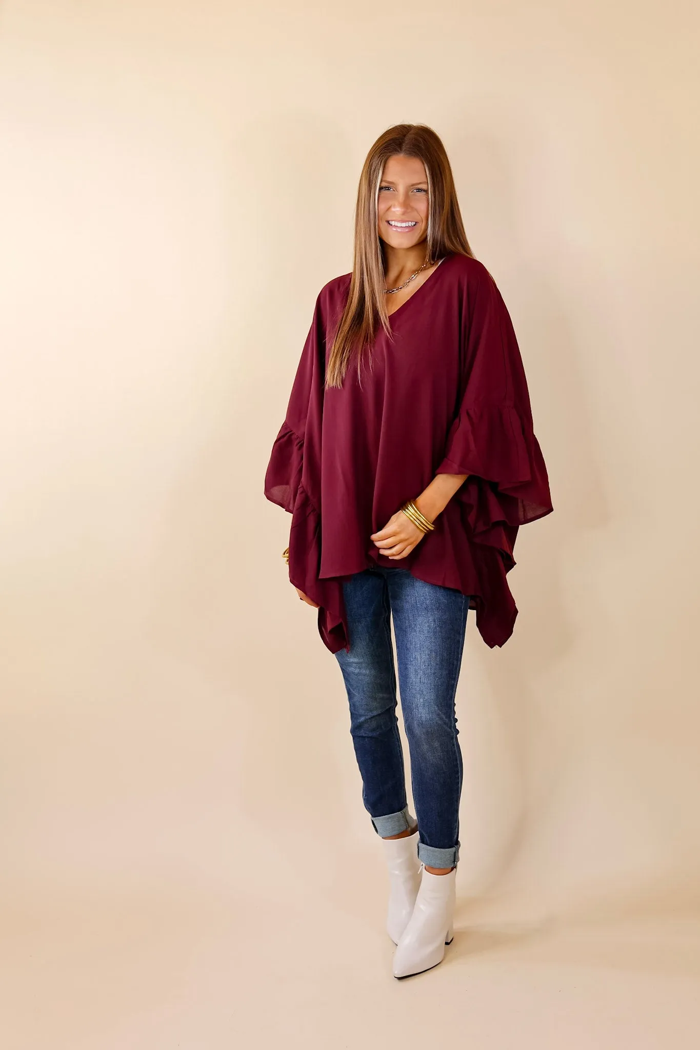 Secret Strength Ruffle Detail Poncho Top in Maroon