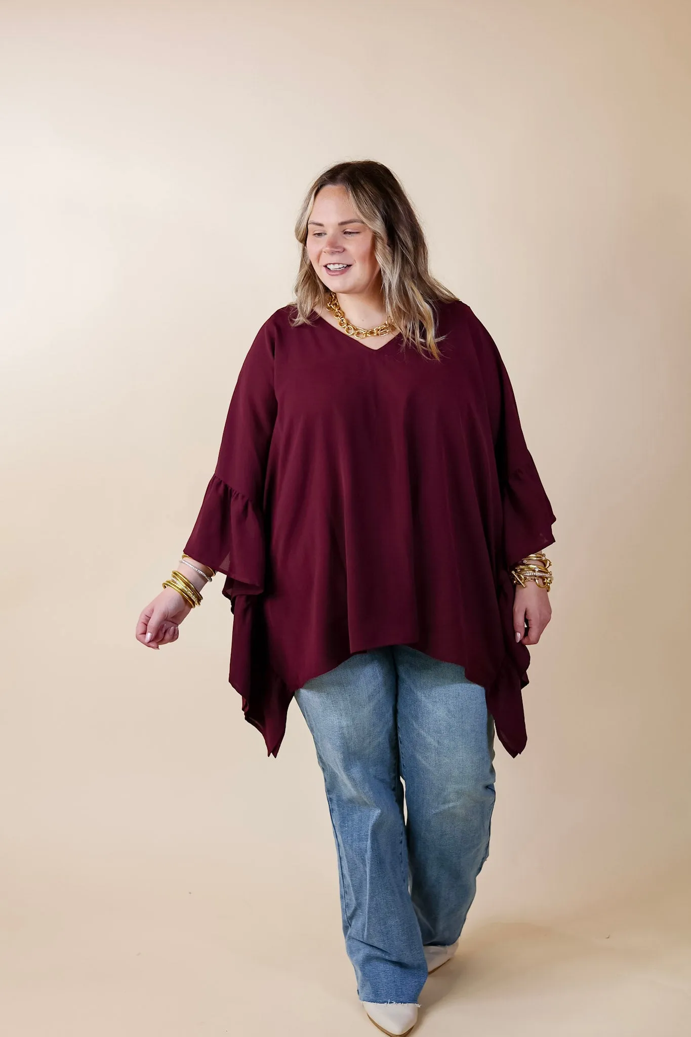 Secret Strength Ruffle Detail Poncho Top in Maroon